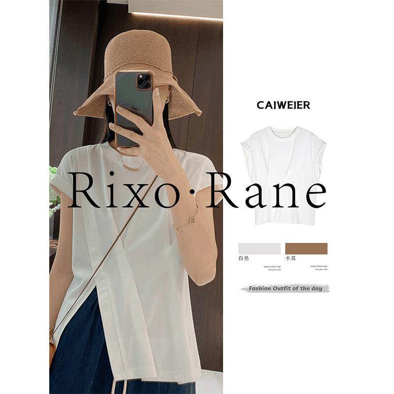法国Rixo Rane舒适高颜?法式圆领小飞袖开叉翻边短袖T恤独特上衣
