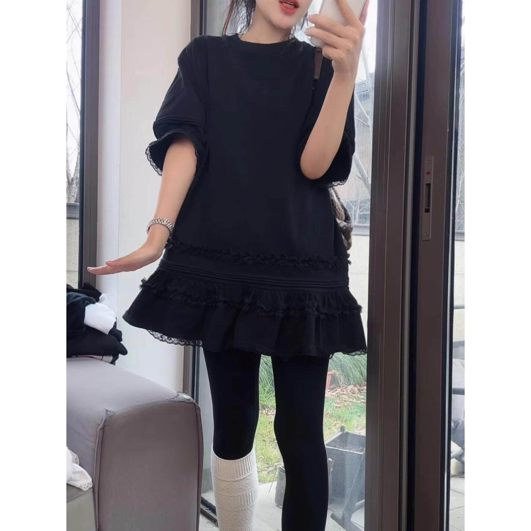重工蕾丝花边拼接中长款短袖T恤裙女2026春夏新款宽松荷叶边下摆