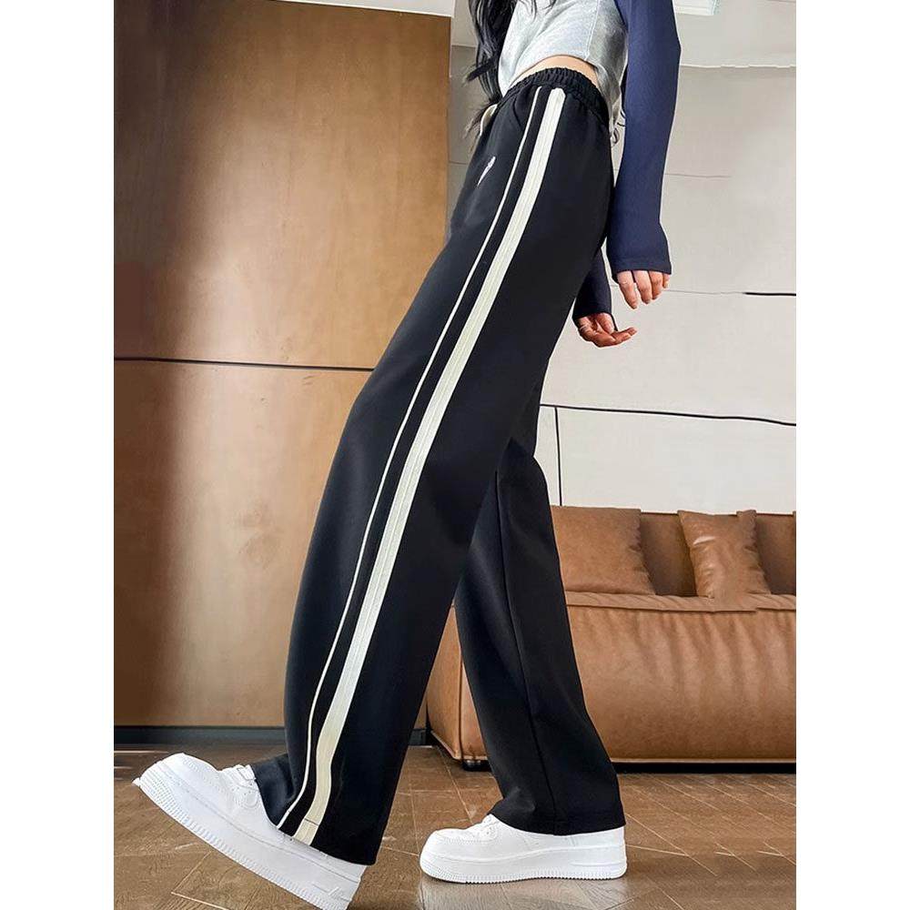 Canary Kiss竖条纹运动裤女2025年春季高腰垂感直筒休闲阔腿卫裤