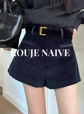 ROUJE NAIVE黑色灯芯绒短裤女秋冬新款小个子显瘦a字休闲高腰靴裤