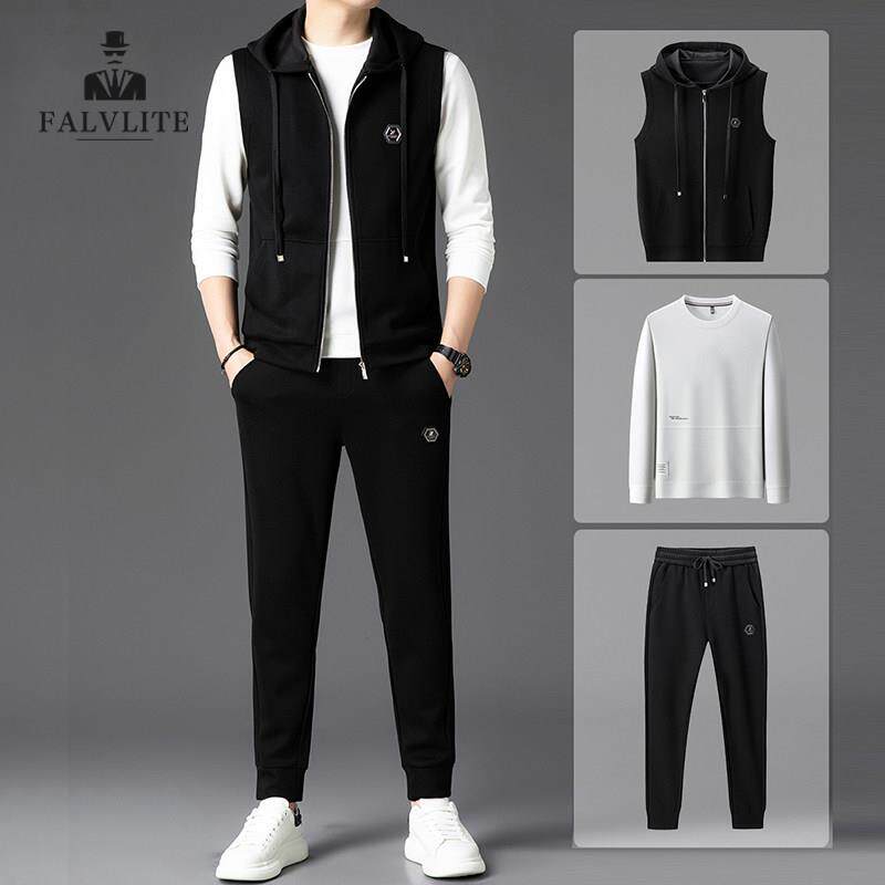 FALVLITE春秋新款运动套装男时尚搭配休闲卫衣连帽马甲长裤三件套