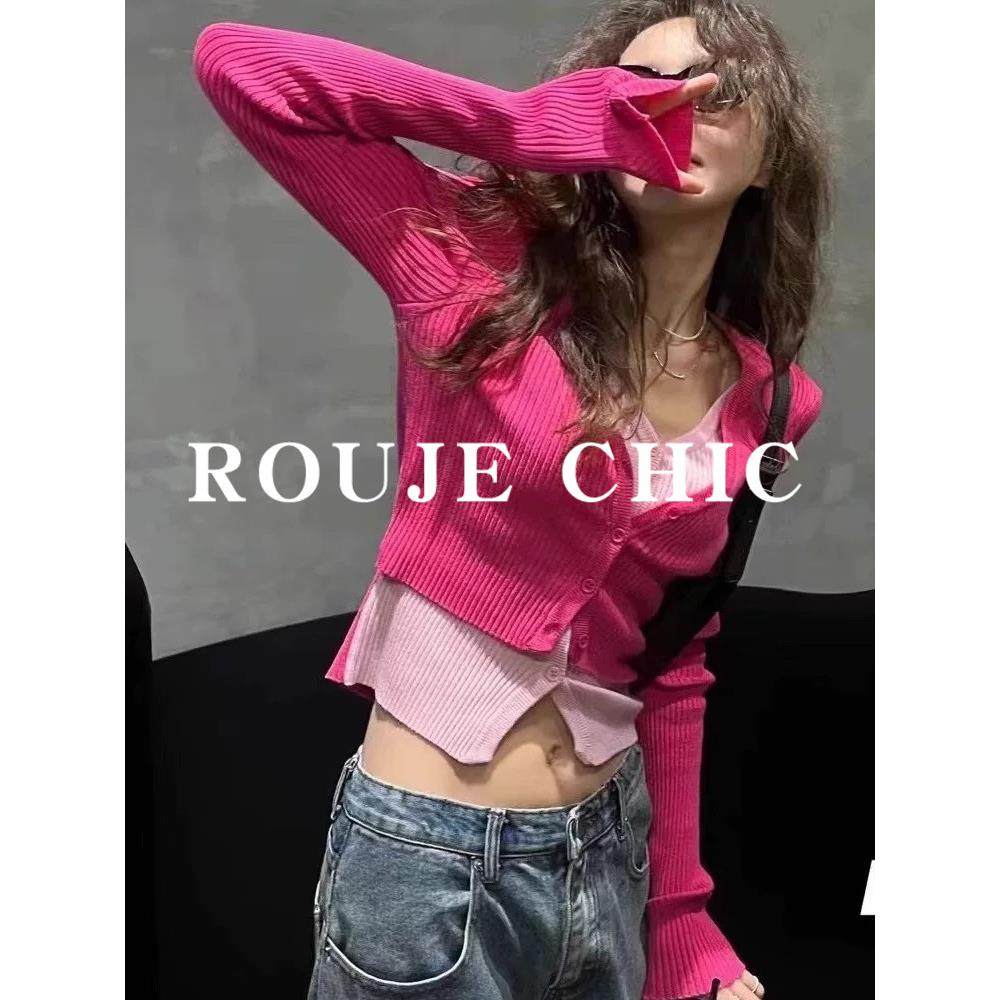 法国rouje chic玫红色V领假两件撞色针织衫女秋冬慵懒风短款毛衣,女装/女士精品,大码内搭,淘宝优惠券,粉丝福利购,淘宝优惠卷