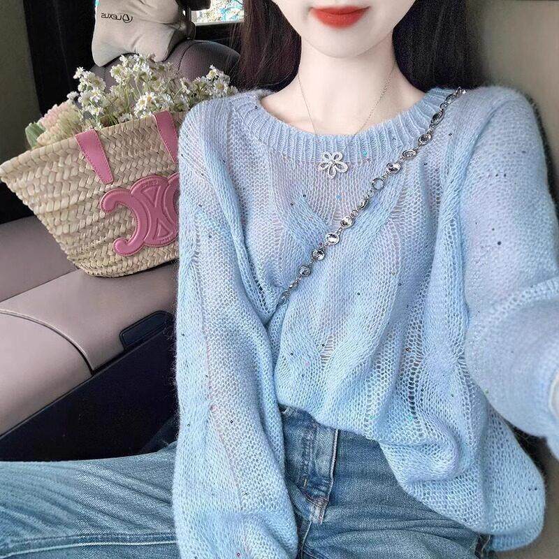 日系蓝色圆领套头马海毛麻花针织衫女春秋慵懒风软糯毛衣宽松上衣