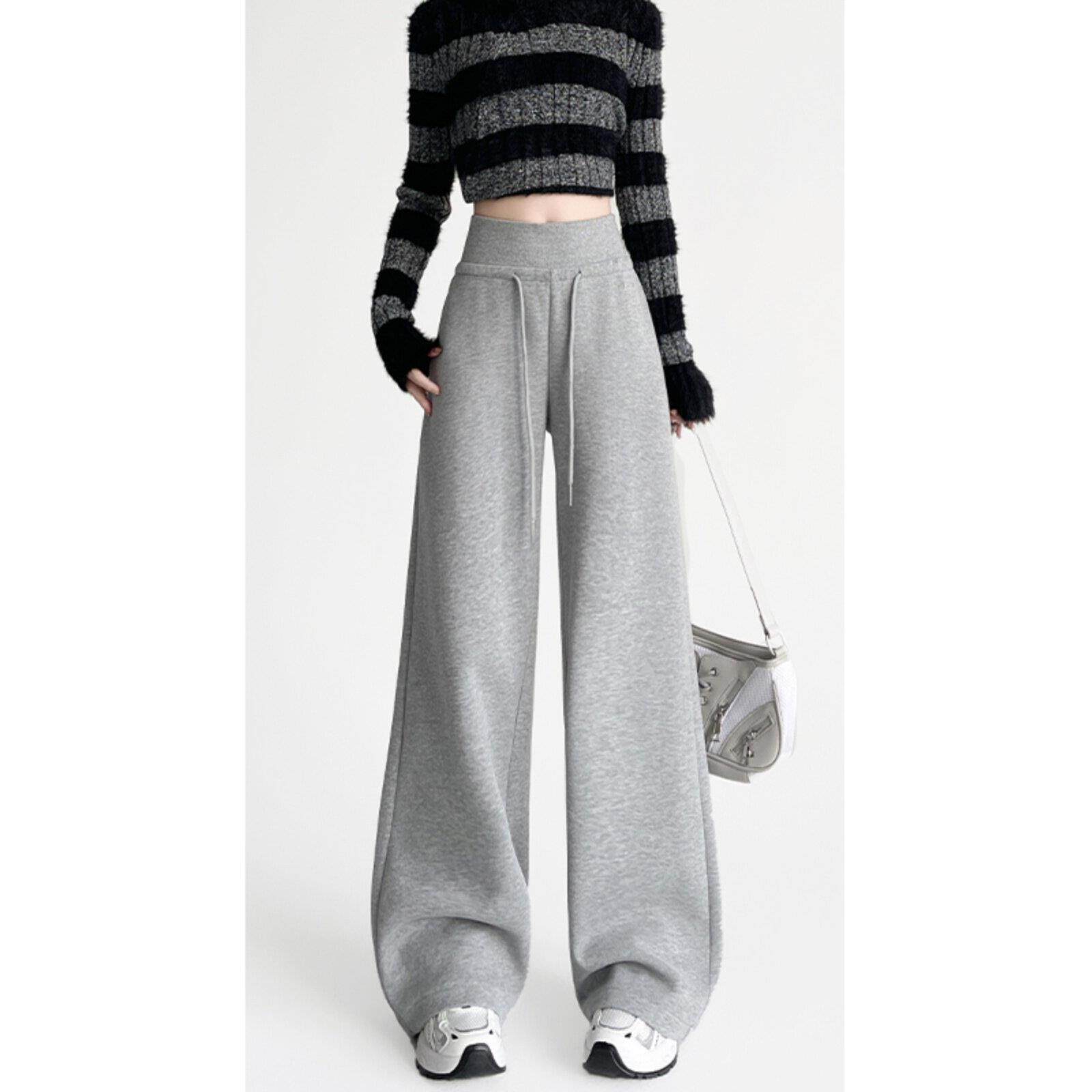 英国DGKP灰色运动卫裤女士秋冬季加绒加厚松紧腰休闲直筒阔腿裤子