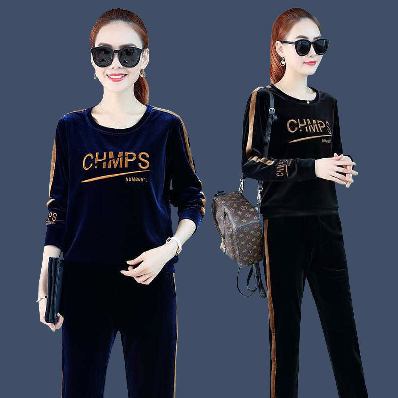 金丝绒两件套2024春秋款卫衣加绒加厚双面绒休闲时尚运动服套装女