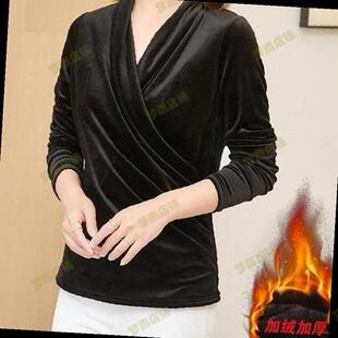 黑色V领金丝绒长袖T恤女加绒加厚修身收腰褶皱上衣保暖妈妈打底衫