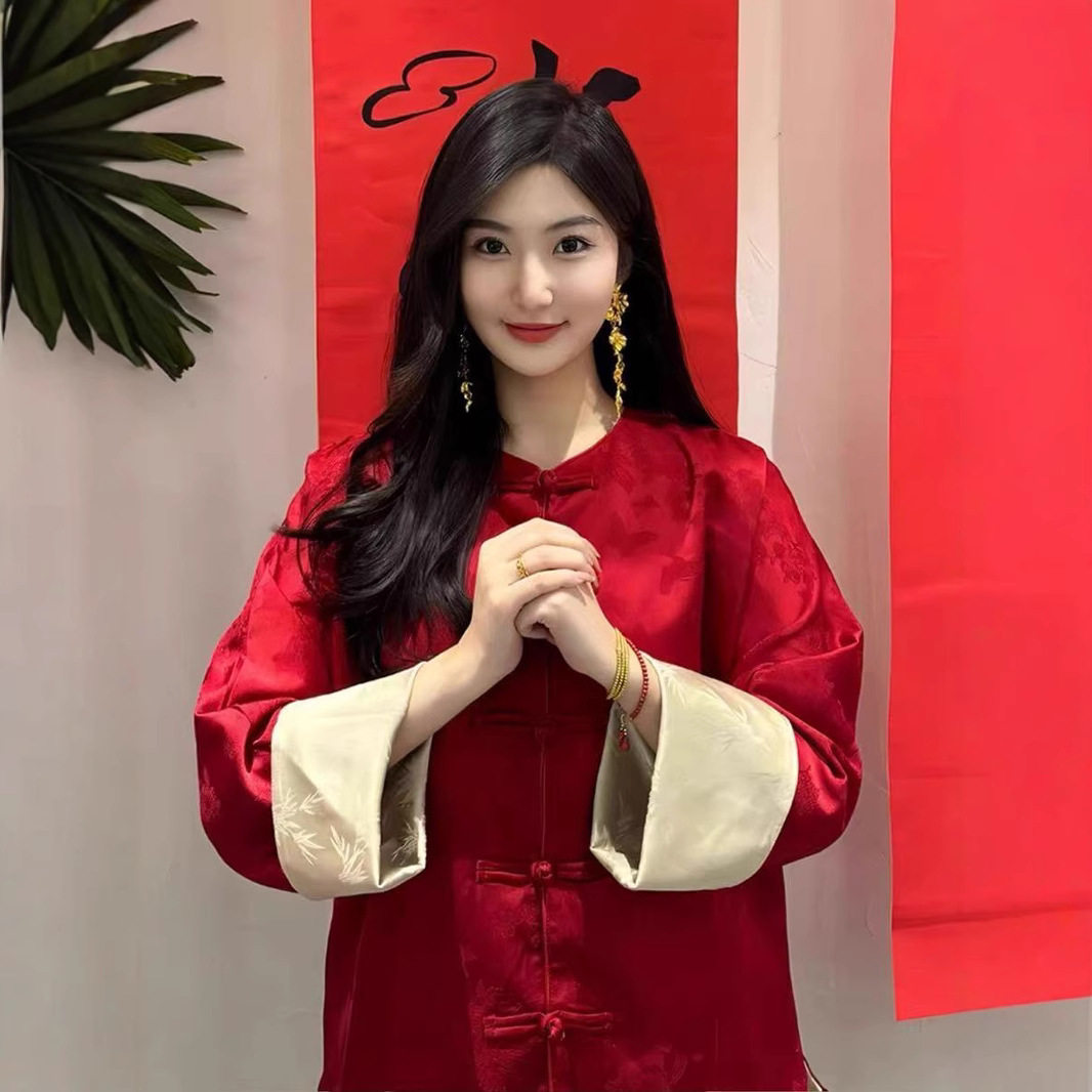 国风新中式上衣女过年拜年服红色提花盘扣外套改良唐装高端小香风