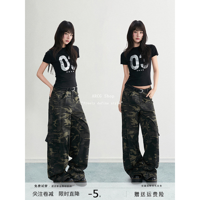 ARCG 黑色字母正肩短袖t恤女夏季美式设计感短款收腰修身辣妹上衣