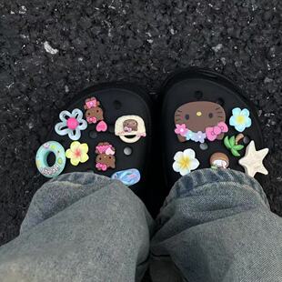原创洞洞鞋配饰夏日黑皮kitty鞋花鞋扣diy.不含鞋