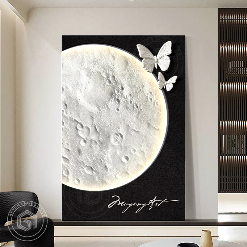 三层立体黑白灰客厅装饰画轻奢发光高级感沙发背景墙落地玄关挂画