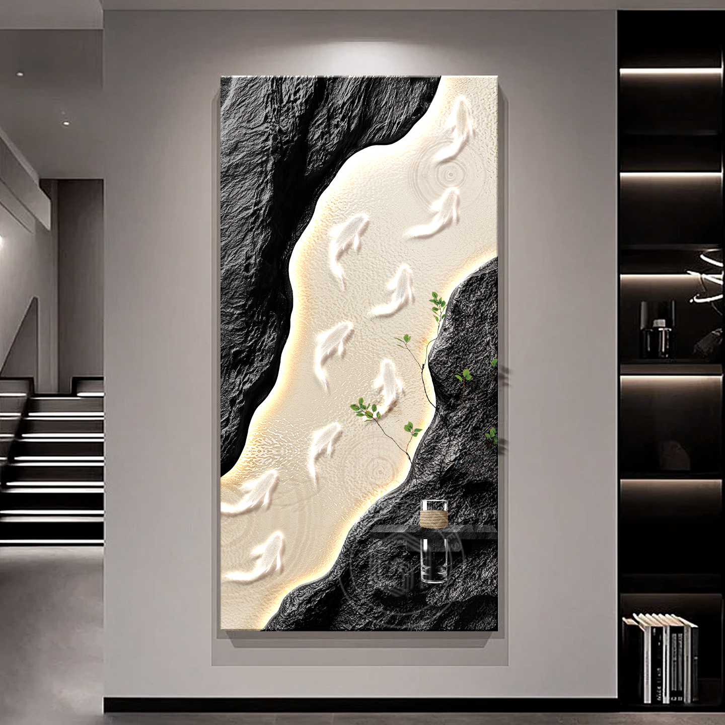 轻奢高级感入户玄关装饰画2025新款水培绿植立体走廊过道挂画九鱼图片