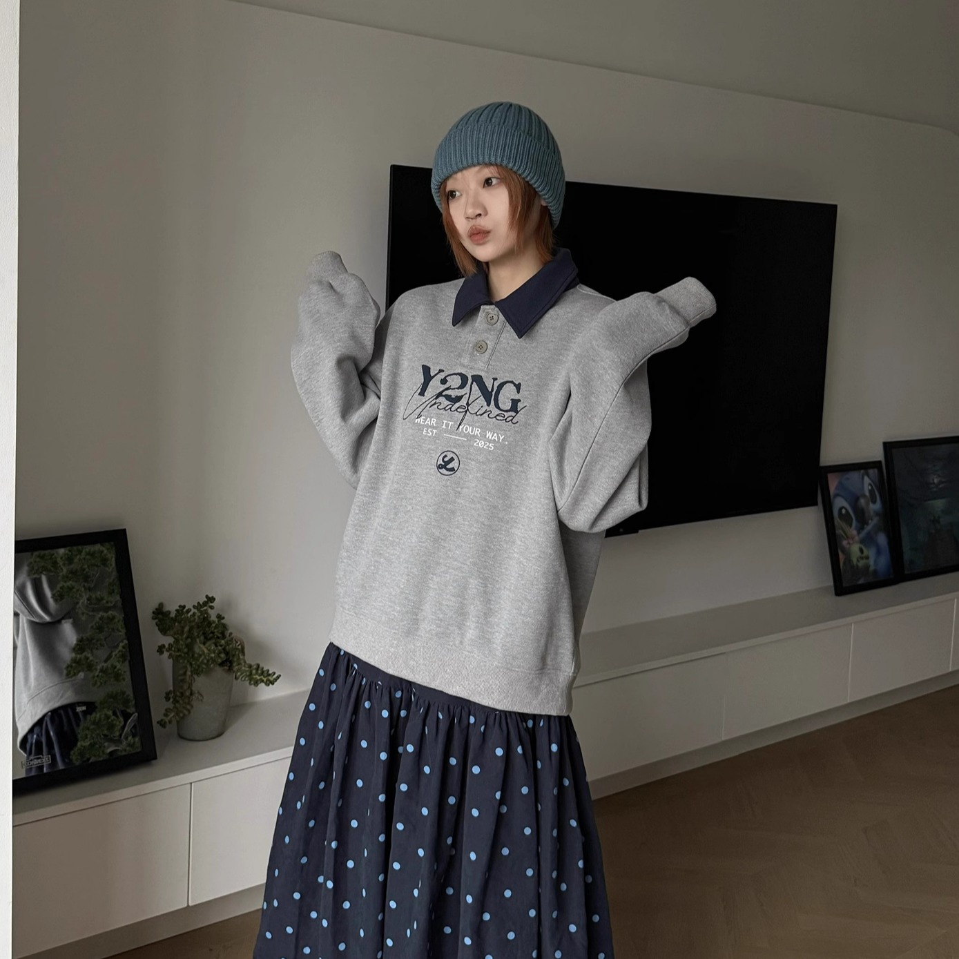 Y2NG复古蓝灰双色拼接休闲长袖Polo衫宽松翻领卫衣