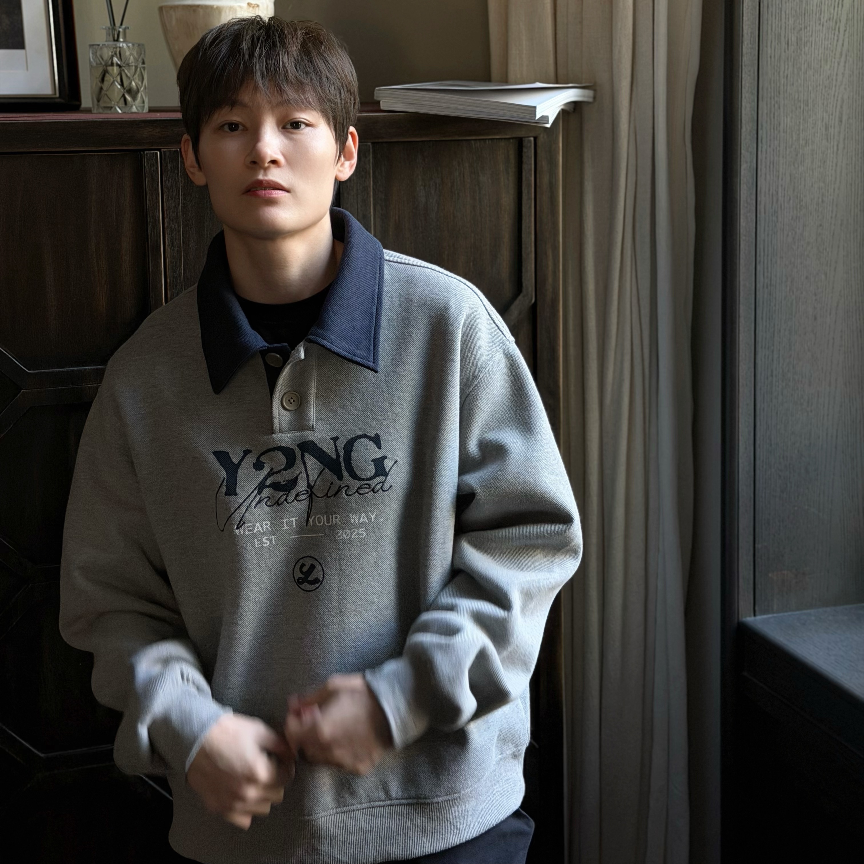 Y2NG复古蓝灰双色拼接休闲长袖Polo衫宽松翻领卫衣