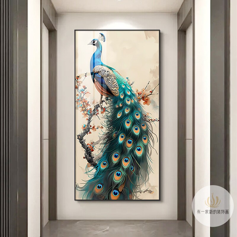 玄关装饰画竖版走廊过道挂画中国风入户客厅正对门墙画孔雀壁画