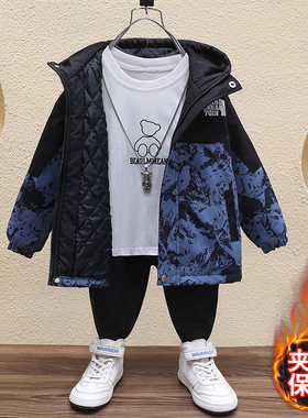 休闲衣服男孩夹棉洋气宝宝中小大童秋冬款加棉冲锋衣时尚帅派克服
