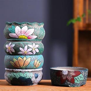 手绘多肉花盆大口径陶盆家用阳台陶瓷群生拼盘陶土粗陶多肉盆 韩式