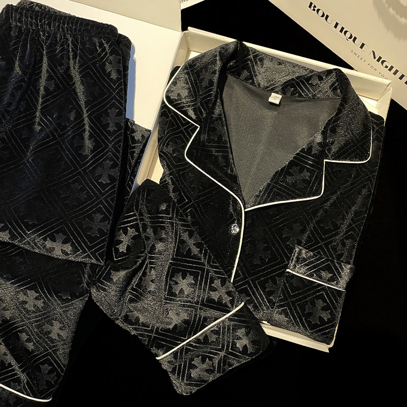 金丝绒情侣睡衣女款冬季黑色高级感大牌轻奢男士金钻绒长袖居家服