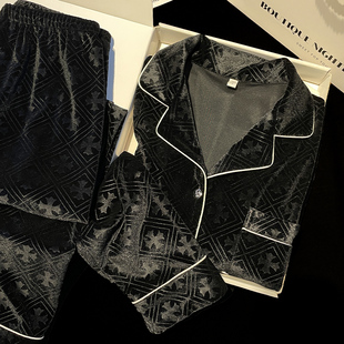 金钻绒长袖 黑色高级感大牌轻奢男士 居家服 冬季 金丝绒情侣睡衣女款