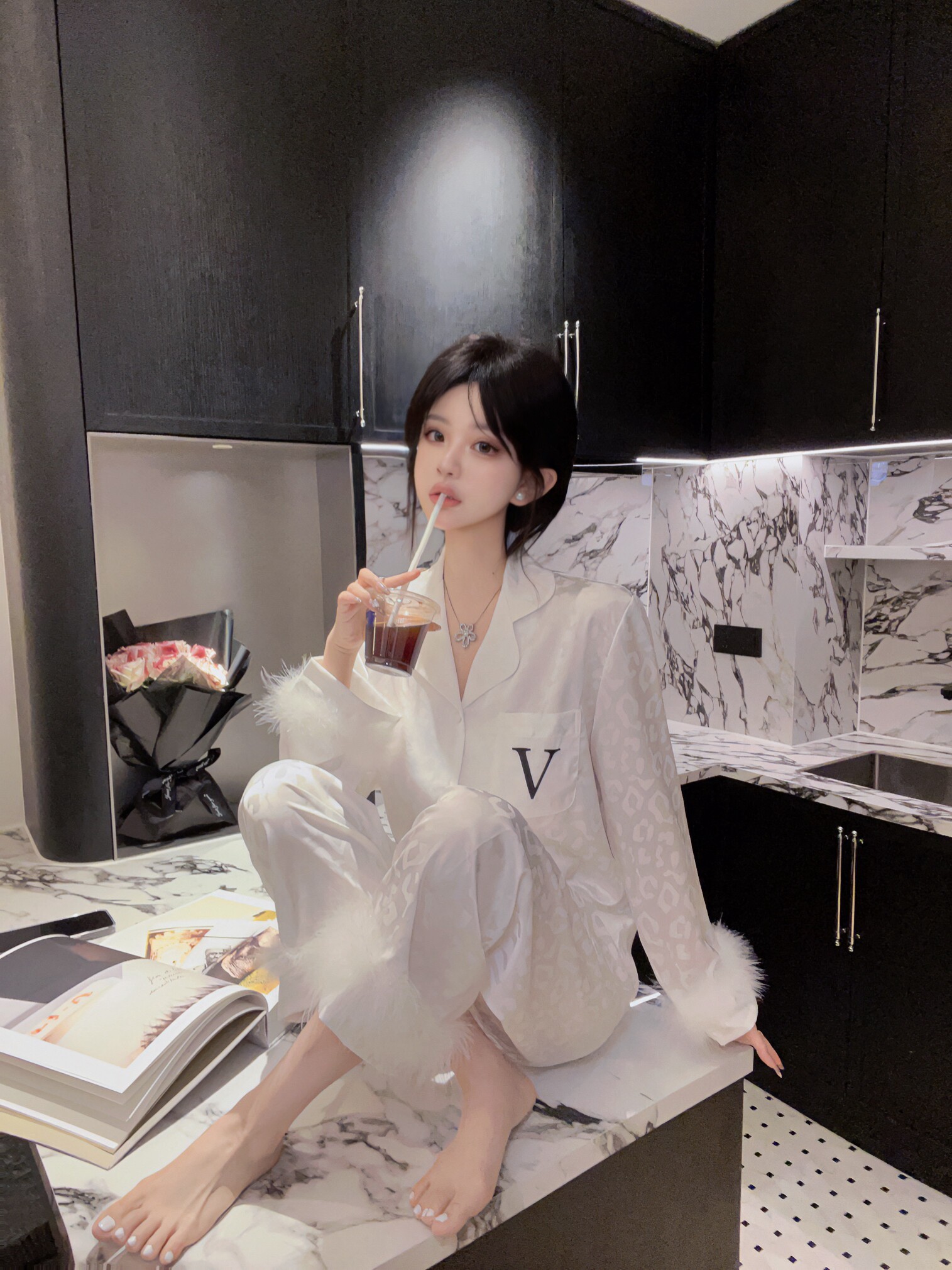 轻奢名媛风气质豹纹冰丝绸缎羽毛睡衣女家居服可外穿送闺蜜礼盒装