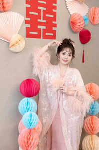 新中式晨袍新娘结婚仙女粉色高级感驼鸟毛睡衣睡袍春秋羽毛可拆卸