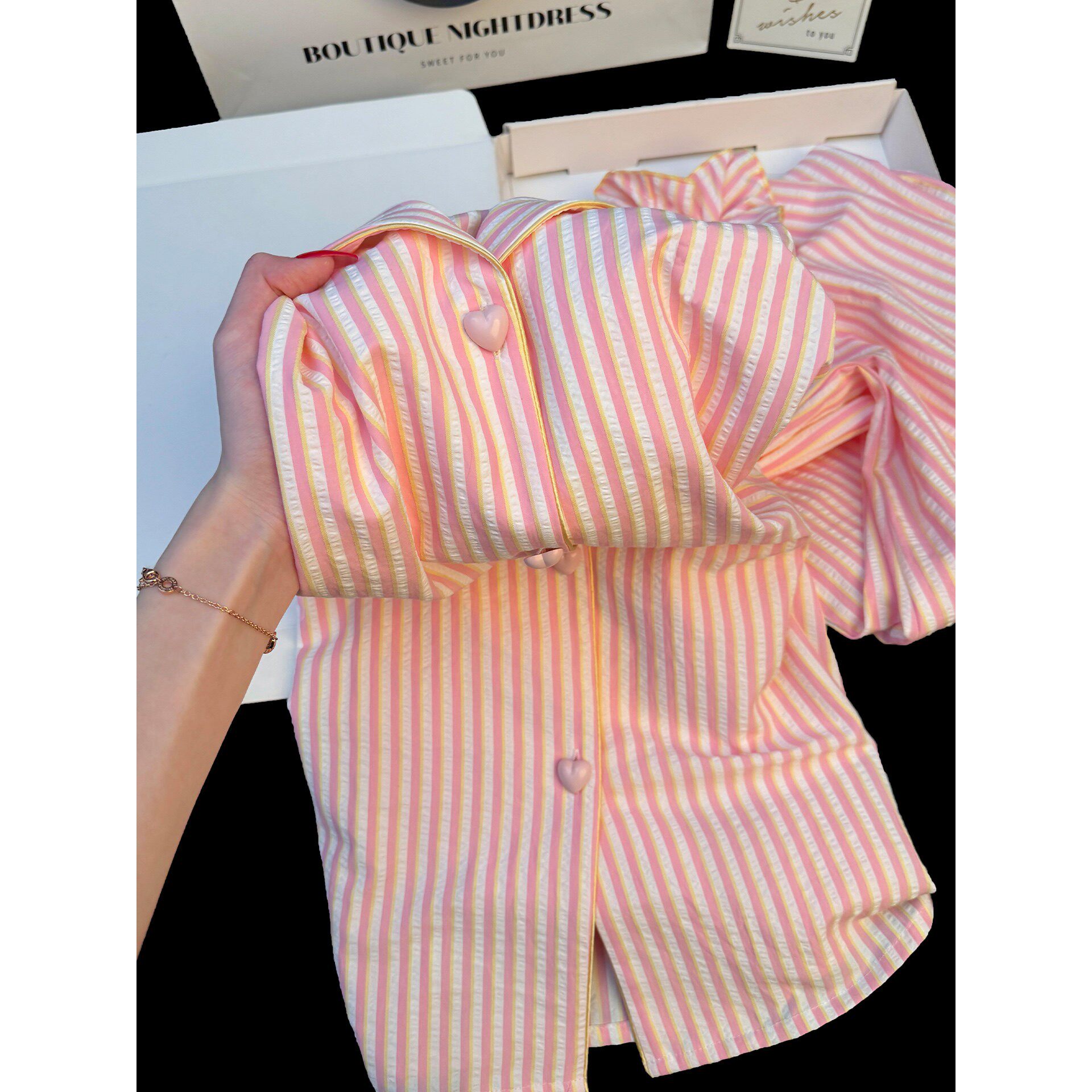 韩系粉白撞色条纹纯棉女款睡衣春秋薄款长袖宽松慵懒感甜美家居服