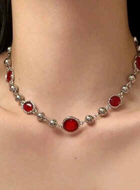 哥特红色串珠毛衣项链女款