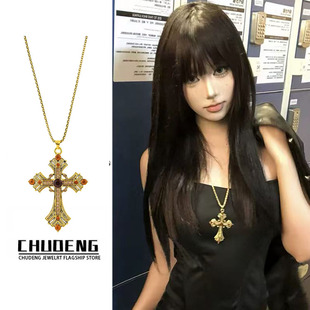 朋克辣妹金色水钻十字架长款潮项链女甜酷风中古亚文化双层锁骨链