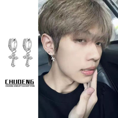 满钻十字架耳坠男小众独特耳环