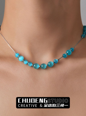 蓝色圆珠小清新项链高级感轻奢