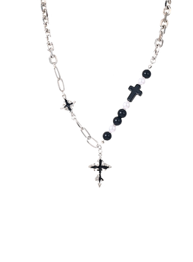 黑色十字架串珠拼接项链小众
