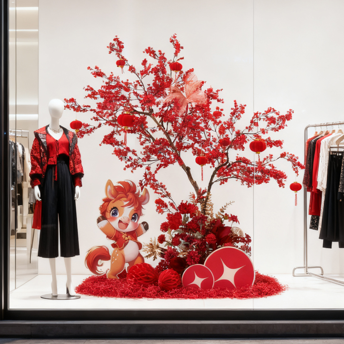 新年装饰店铺春节门店氛围布置国风场景仿真梅花树服装店橱窗造景