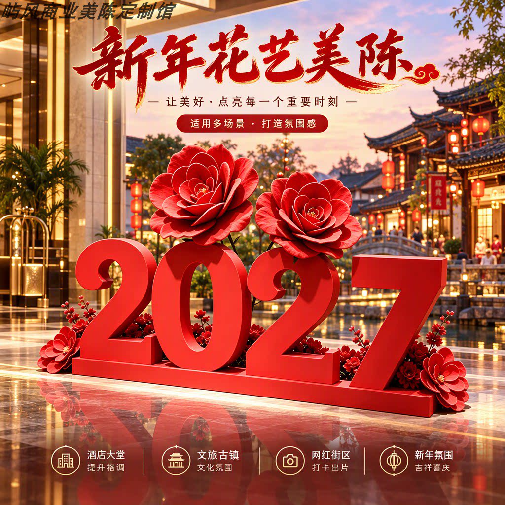 雅致红火2027立体数字美陈酒店前厅牡丹花艺布景新春迎宾打卡装置