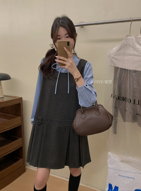 A-one爱望秋冬复古新款公主袖气质假两件套装复古短款连衣裙24329