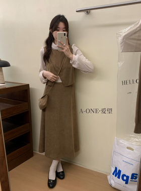 A-one爱望秋季法式复古系拼接天鹅颈假两件带小包长袖连衣裙24255