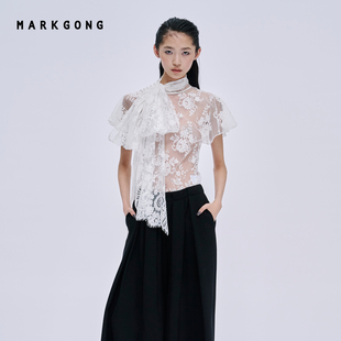 林志玲同款【SALE】【MARKGONG】设计感蕾丝绑结连袖上衣休闲秋冬