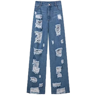 【MARKGONG】设计感时尚通勤流行独特气质经典廓形破损牛仔长裤