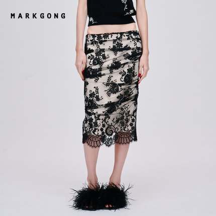 【MARKGONG】夏季新品设计感高级流行独特优雅蕾丝双层半裙半身裙