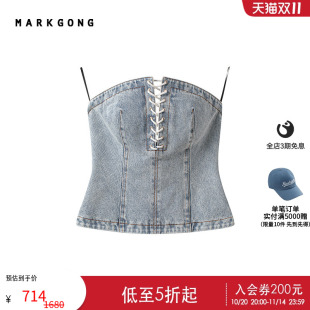 设计感高级流行独特气质绑带装 女装 饰牛仔抹胸上衣 MARKGONG