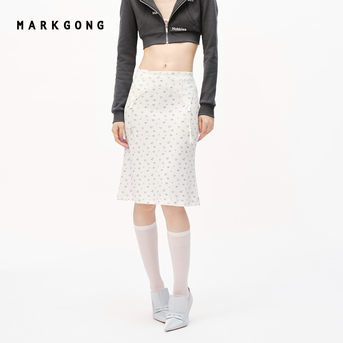 MARKGONG吊袜带装饰针织半裙图片