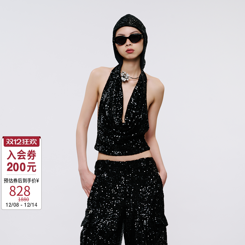 【MARKGONG】女装设计感高级流行独特气质低胸亮片荡领连帽上衣