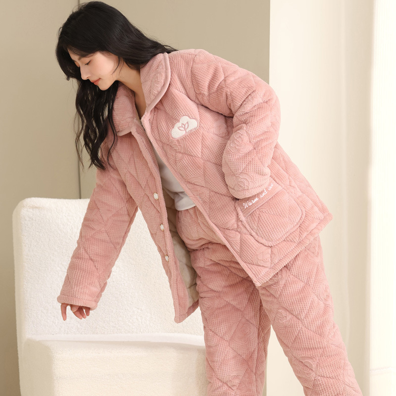 女士三层夹棉保暖加绒睡袍棉袄服