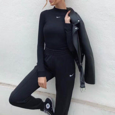 Nike/耐克 纯色logo印花高领紧身女子运动休闲长袖T恤 DV7881-010