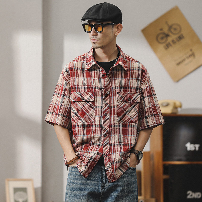 夏季美式复古衬衫男士短袖潮流宽松翻领休闲上衣格子衬衣男半袖