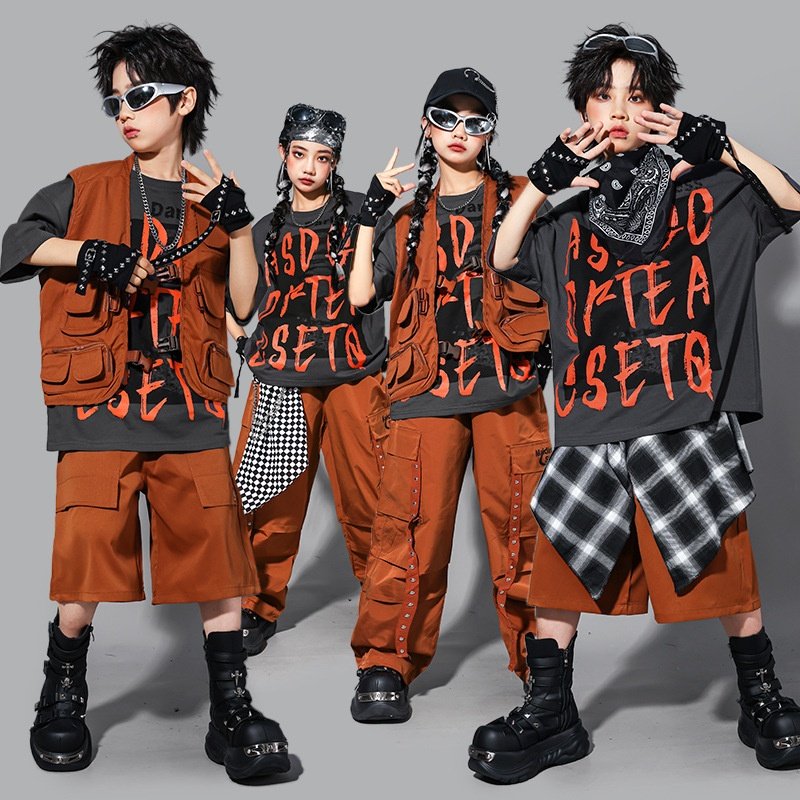 儿童嘻哈街舞演出服男童hiphop马甲套装少儿架子鼓表演服装女童