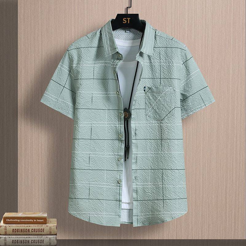 夏季短袖男士衬衫休闲格子衬衣百搭泡泡纱男帅气潮流韩版免烫