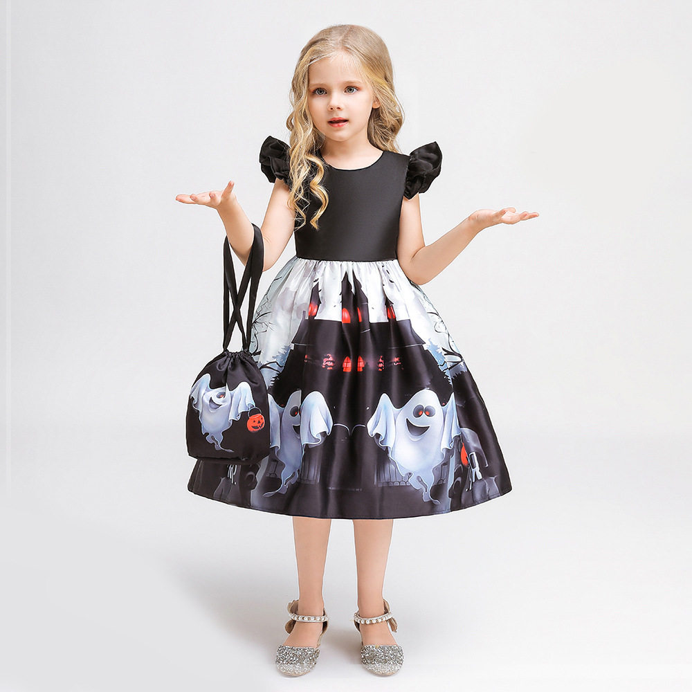 欧美万圣节印花女童礼服裙小飞袖送包派对服装幽灵城堡连衣公主