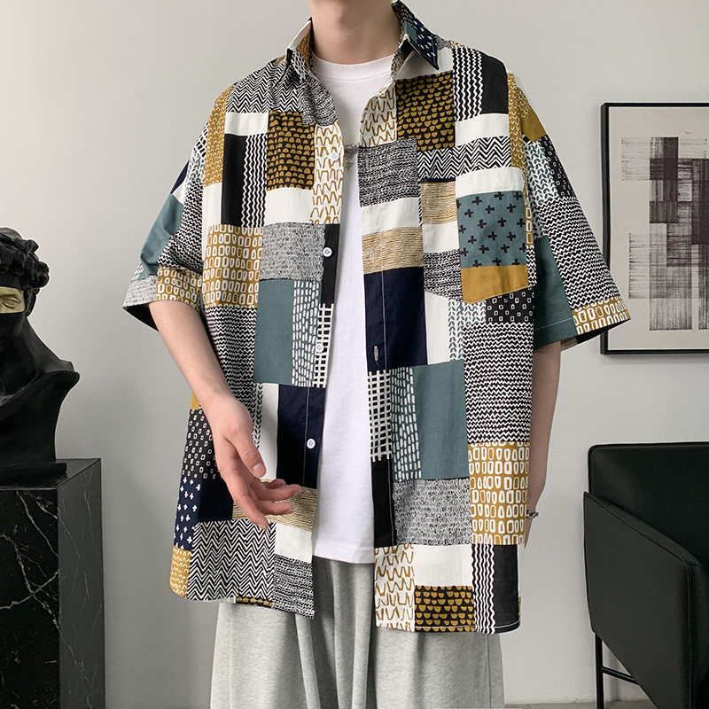 沙滩衬衫男感痞帅短袖上衣夏季港风复古海边度假夏威夷衬衣薄