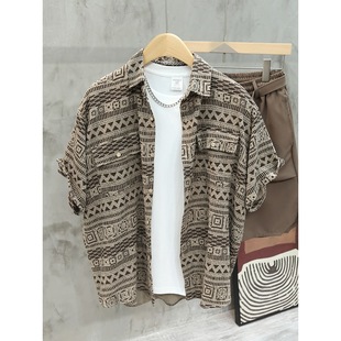 衬衫 格纹潮休闲衬衣男半袖 复古短袖 潮流夏季 古巴 领民族风新款