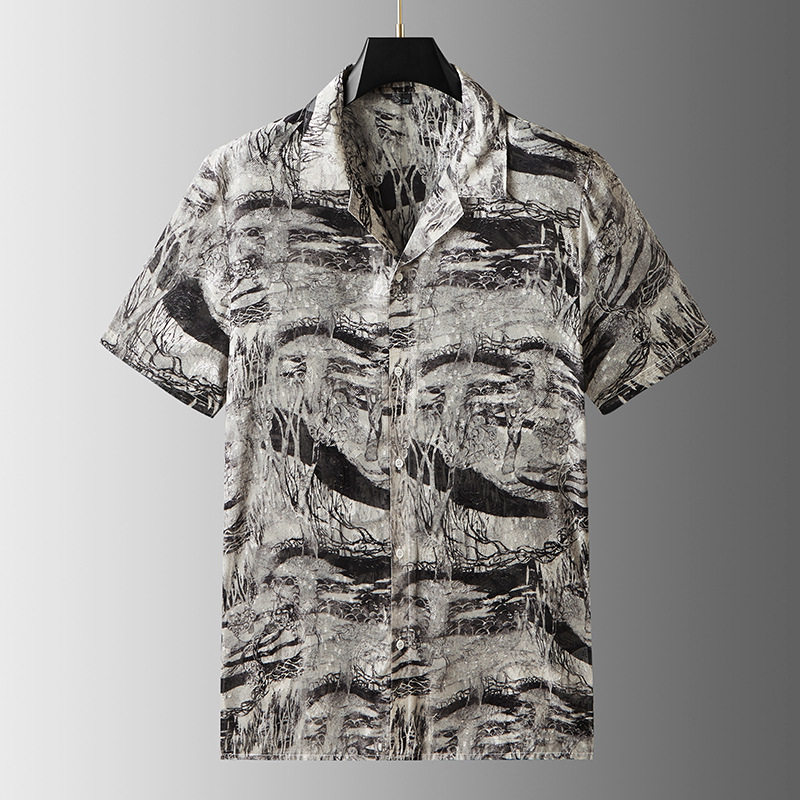 夏季超薄古巴领短袖花衬衫男胖子加肥加大码宽松休闲港风痞帅