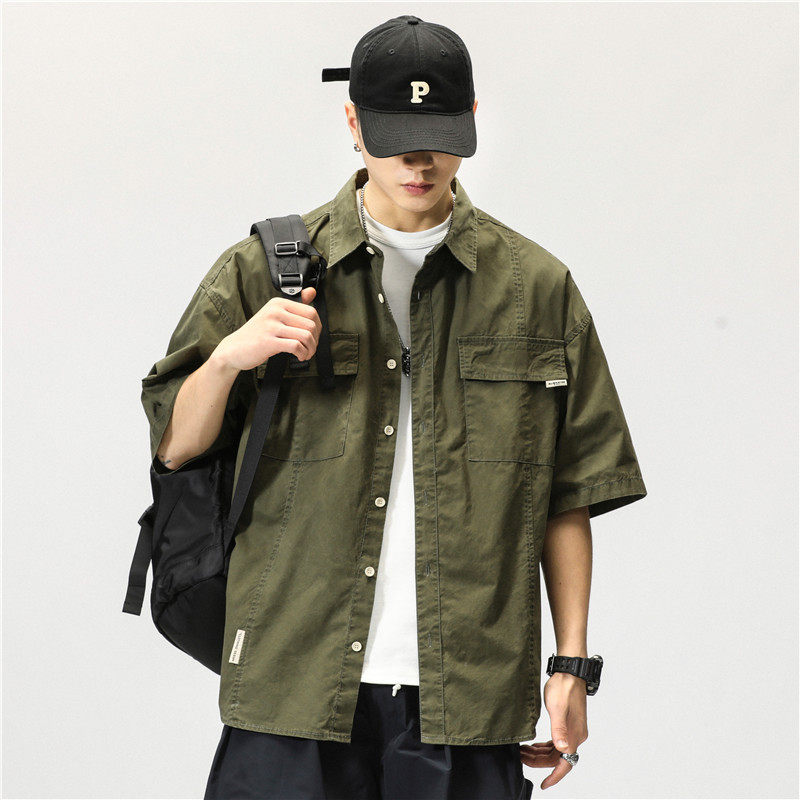 高级感纯棉短袖衬衫男夏季宽松休闲工装半袖衬衣潮流日系痞帅